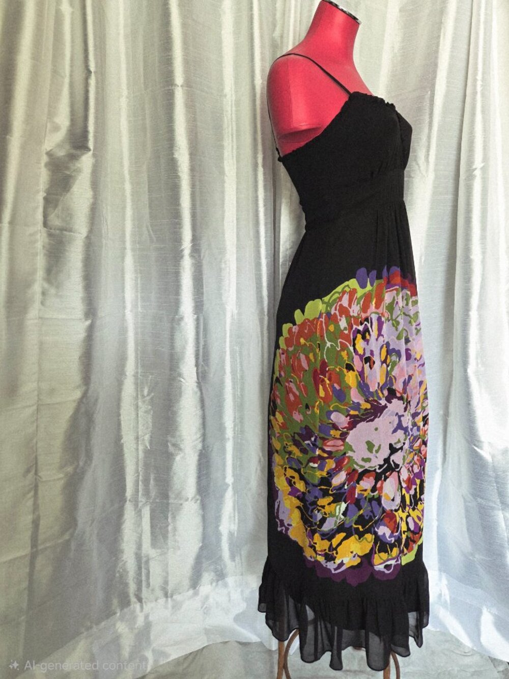 Vintage Y2K Kensie Women's Silk Maxi Sundress Black Multi Ruffle Floral Sz Small